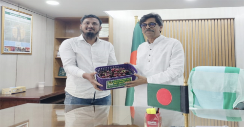 কৃষিমন্ত্রীর হাতে সীডলেস আঙ্গুর তুলে দিলেন জীবননগরের উদ্যোক্তা রুহুল 